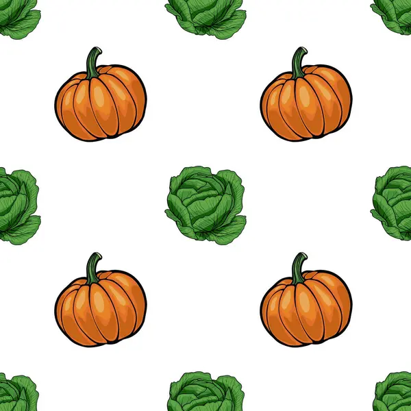 Beyaz arka planda turuncu kabaklar ve yeşil lahanalardan oluşan pürüzsüz bir desen. Balkabakları yuvarlak ve tırtıklı, lahanalar yapraklı, canlı bir sonbahar teması yaratıyor..