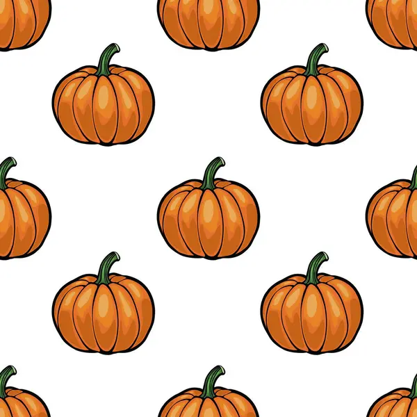 Beyaz arka planda çizgi film tarzı balkabaklarının kusursuz bir şekli. Balkabakları yeşil saplı parlak turuncu renktedir, neşeli ve neşeli bir sonbahar teması sergilerler..