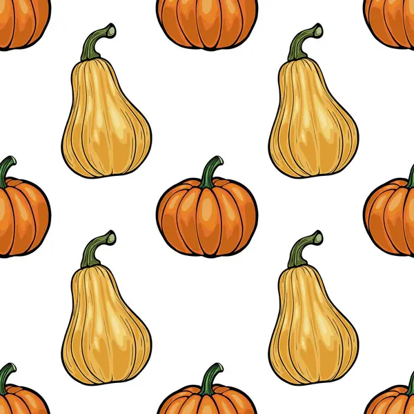 Beyaz arka planda turuncu ve sarı renklerde kabak ve kabak içeren kusursuz bir vektör deseni. Tasarım sonbahar temalı dekor için eğlenceli ve uygundur.