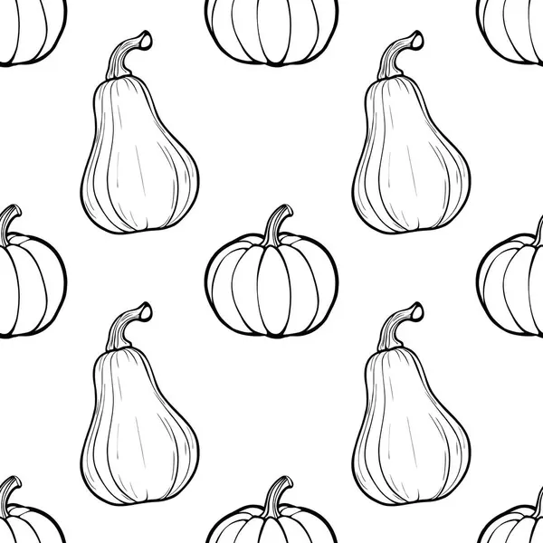 Beyaz arka planda çeşitli şekil ve boyutlarda el yapımı balkabakları ve kabakları içeren kusursuz bir vektör deseni.