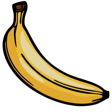 Pürüzsüz sarı kabuklu ve hafif kıvrımlı olgun bir muzun çizgi film tarzı çizimi..