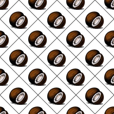 El yapımı hindistan cevizi içeren, beyaz bir arka plana karşı iç beyazı gösteren, kusursuz bir vektör deseni. Tasarım elmas şebeke düzeninde düzenlenmiştir..