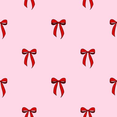 Açık pembe arka planda küçük kırmızı fiyonklar içeren kusursuz bir vektör deseni. Tasarım neşeli ve şenlikli, ambalaj kağıdı veya tatil süslemeleri için uygun..