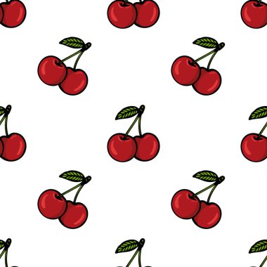 Beyaz arka planda yeşil yapraklı kırmızı kirazlar içeren kusursuz bir vektör deseni. Kirazlar canlı renklerini ve parlak görünümlerini sergileyerek çiftler halinde tasvir edilir..