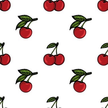 Beyaz arka planda yeşil yapraklı resimli kirazlar içeren kusursuz bir vektör deseni. Kirazlar parlak kırmızı, yuvarlak ve parlak, neşeli ve canlı bir tasarım yaratıyor..