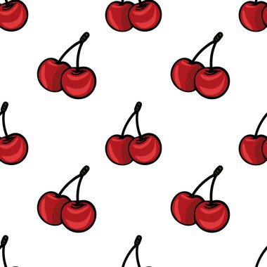 Beyaz arka planda yeşil saplı kırmızı kirazlar içeren pürüzsüz bir vektör deseni. Kirazlar basit, çizgi film tarzında gösterilir, neşeli ve canlı bir tasarım yaratır..