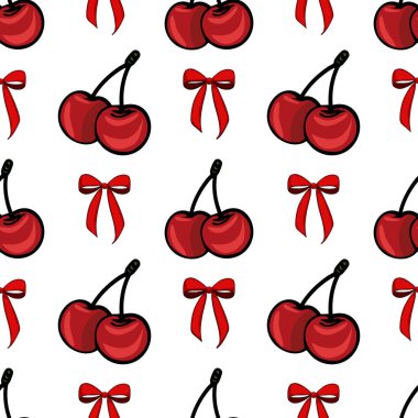 Kırmızı kirazlar ve beyaz arka planda kırmızı fiyonklar içeren kusursuz bir vektör deseni. Kirazlar yeşil saplı çiftler halinde tasvir edilirken, fiyonklar basit ve zarif..