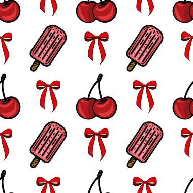 Kırmızı kirazlar, pembe buzlu şekerler ve beyaz arka planda kırmızı fiyonklar içeren oyuncu bir vektör deseni. Tasarım canlı ve eğlenceli. Yaz temalı projeler için mükemmel..