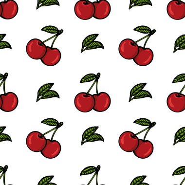 Beyaz arka planda yeşil yapraklı kırmızı kirazlar içeren kusursuz bir vektör deseni. Kirazlar çeşitli yönlerde tasvir edilir, neşeli ve canlı bir tasarım oluşturur..