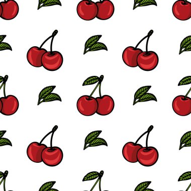 Beyaz arka planda kırmızı kiraz ve yeşil yapraklardan oluşan kusursuz bir vektör deseni. Kirazlar çeşitli yönlerde tasvir edilir, neşeli ve canlı bir tasarım oluşturur..