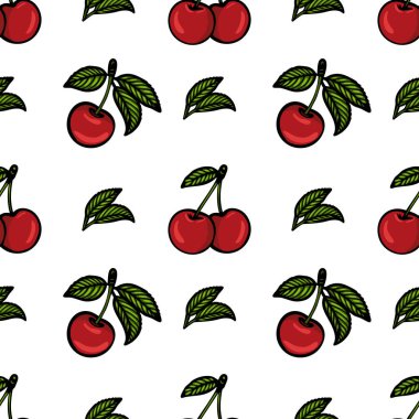 Beyaz arka planda yeşil yapraklı kırmızı kirazlar içeren kusursuz bir vektör deseni. Tasarım tek kiraz ve çiftleri içeriyor, canlı ve taze bir görünüm yaratıyor..