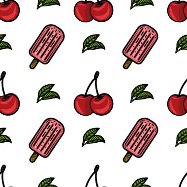 Beyaz arka planda buzlu şeker, kiraz ve yeşil yapraklardan oluşan kusursuz bir vektör deseni. Dondurmalar ahşap bir sopayla pembe, kirazlar ise yeşil yapraklı parlak kırmızı..