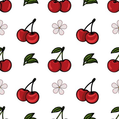 Yeşil yapraklı kırmızı kirazlar ve beyaz arka planda basit bir çiçek deseni içeren kusursuz bir vektör deseni..