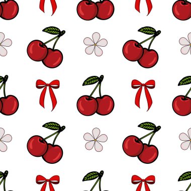 Beyaz arka planda kırmızı kirazlar, yeşil yapraklar ve dekoratif kırmızı fiyonklar içeren kusursuz bir vektör deseni. Tasarım, neşeli ve neşeli bir estetik yaratmak için küçük çiçek şekilleri içeriyor..
