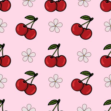 Açık pembe arkaplanda yeşil yapraklı kırmızı kirazlar içeren kusursuz bir vektör deseni, beyaz çiçek hatlarıyla kesişmiş..