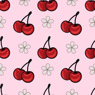 Kırmızı kirazlar ve pembe arka planda basit çiçek şekilleri içeren kusursuz bir vektör deseni. Kirazlar yeşil saplı çiftler halinde tasvir edilir, neşeli ve canlı bir tasarım oluşturur..