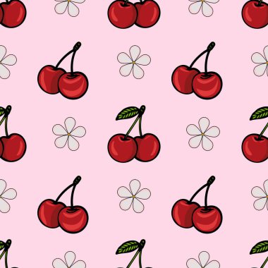 Pembe arka planda tekrarlanan kiraz ve çiçek deseni. Kirazlar yeşil yapraklı parlak kırmızı, çiçekler ise basit çizgiler..