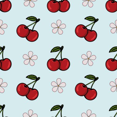 Yeşil yapraklı kırmızı kirazlar ve yumuşak mavi arka planda açık pembe çiçekler içeren kusursuz bir vektör deseni..