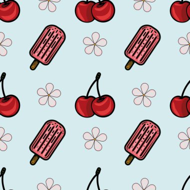 Açık mavi bir zemin üzerinde buzlu şeker ve kirazlardan oluşan eğlenceli bir vektör deseni..