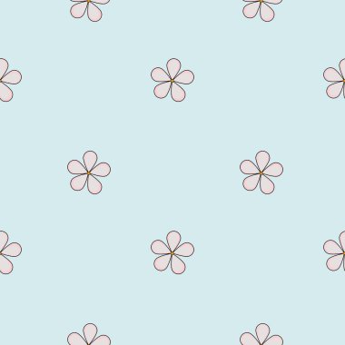 Açık renkli mavi arka planda küçük, çizgili çiçek şekilleri içeren kusursuz bir vektör deseni. Çiçekler basit ve simetriktir. Narin ve büyüleyici bir tasarım yaratırlar..