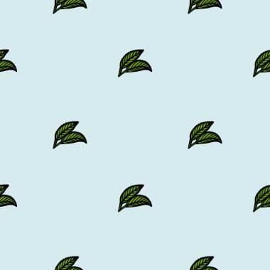 Açık mavi arka planda küçük yeşil yapraklardan oluşan kusursuz bir vektör deseni. Yapraklar ince detaylarla gösteriliyor, taze ve doğal bir görünüm yaratıyor..