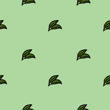 Açık yeşil arka planda küçük, el çizimi yeşil yapraklar içeren kusursuz bir vektör deseni. Tasarım basit ve doğadan esinlenilmiş, tekstil ve duvar kağıtları için ideal..