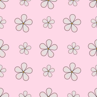 Kusursuz bir vektör deseni, açık pembe arka planlı basit, çizgili çiçekleri içerir. Çiçeklerin beyaz bir taç yaprağı ve sarı merkezleri var. Neşeli ve neşeli bir estetik oluşturuyor..