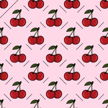Pembe arka planda yeşil yapraklı kırmızı kirazların tekrarlanan vektör deseni. Kirazlar basit, çizgi film tarzında gösterilir, neşeli ve canlı bir tasarım yaratır..