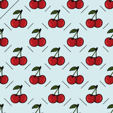 Açık mavi arka planda yeşil yapraklı kırmızı kirazlar içeren kusursuz bir vektör deseni. Kirazlar, tekrarlanan bir dizayn ile düzenlenmiş, eğlenceli, çizgi film tarzında çizilmiş..