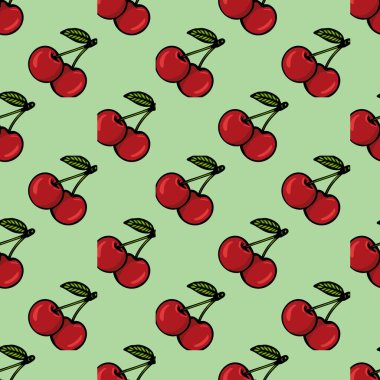 Açık yeşil arka planda yeşil yapraklı parlak kırmızı kirazlar içeren kusursuz bir vektör deseni. Kirazlar neşeli, karikatürvari bir şekilde gösteriliyor, canlı bir tasarım yaratıyor..