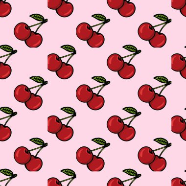 Pembe arka planda yeşil yapraklı parlak kırmızı kirazlar içeren kusursuz bir vektör deseni. Kirazlar neşeli, karikatürvari bir şekilde gösteriliyor, canlı bir tasarım yaratıyor..