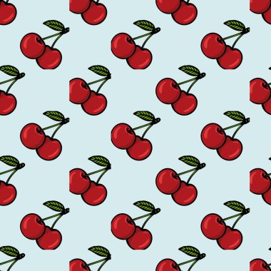 Açık mavi arka planda yeşil yapraklı parlak kırmızı kirazlar içeren kusursuz bir vektör deseni. Kirazlar neşeli, karikatürvari bir şekilde gösteriliyor, canlı bir tasarım yaratıyor..
