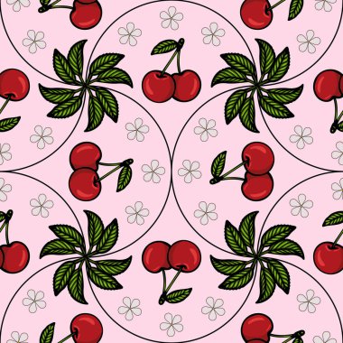 Pembe arka planda kiraz ve yeşil yapraklardan oluşan canlı bir vektör deseni. Tasarım dairesel şekiller ve küçük beyaz çiçekleri içeriyor, neşeli ve eğlenceli bir estetik yaratıyor..