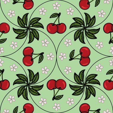 Açık yeşil arka planda kırmızı kirazlar, yeşil yapraklar ve küçük pembe çiçeklerden oluşan canlı bir vektör deseni. Tasarım çeşitli tekstil uygulamaları için eğlenceli ve uygundur.