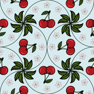 Kırmızı kirazlar, yeşil yapraklar ve açık mavi arkaplanda küçük pembe çiçekler içeren kusursuz bir vektör deseni. Tasarım eğlenceli ve canlı, tekstil veya duvar kağıtları için uygun..