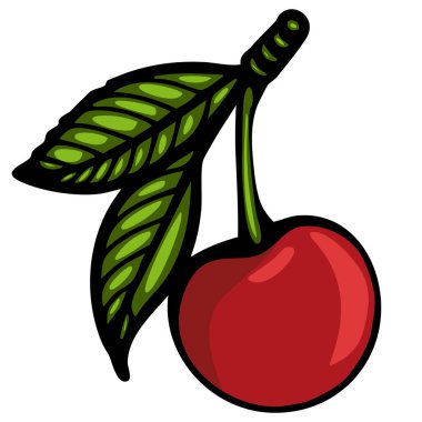 Çizgi film tarzında gösterilmiş yeşil yapraklı canlı bir kırmızı kiraz. Kiraz parlak ve yuvarlak, kalın bir gövde ve ayrıntılı yaprak dokusu var..