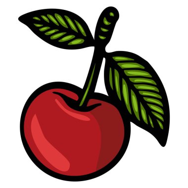 Çizgi film tarzında gösterilmiş yeşil yapraklı canlı bir kırmızı kiraz. Kirazın parlak bir kapağı var, yuvarlak şeklini ve gövdesini gösteriyor..