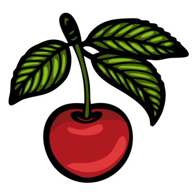 Çizgi film tarzında gösterilmiş yeşil yapraklı canlı bir kırmızı kiraz. Kiraz yuvarlak ve parlak, yapraklar damarlarla ayrıntılı iken, canlı bir dokunuş ekleyerek.