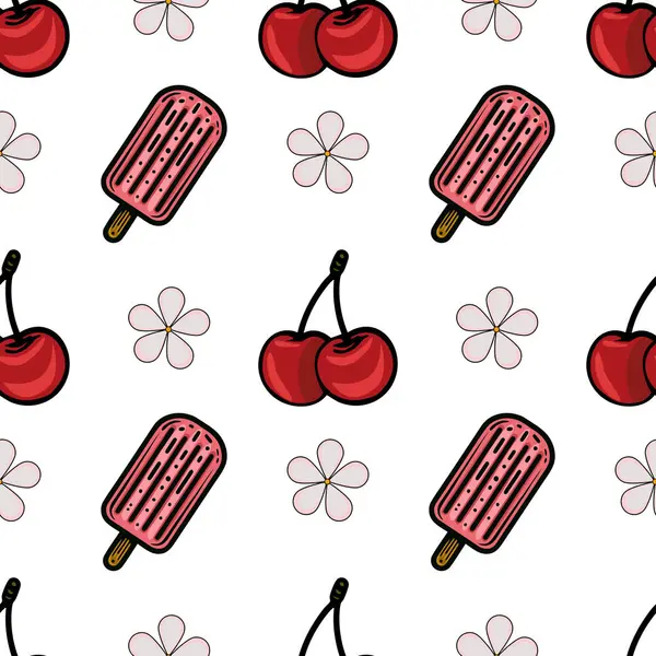 Beyaz arka planda buzlu şeker, kiraz ve çiçeklerden oluşan oyuncu bir vektör deseni. Buzlu dondurmalar ahşap bir sopayla pembe, kirazlar parlak kırmızıyken, eğlenceli ve yaz havası katıyor..