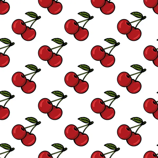 Beyaz arka planda yeşil yapraklı parlak kırmızı kirazlar içeren kusursuz bir vektör deseni. Kirazlar neşeli, karikatürsel bir şekilde tasvir edilir. Neşeli ve canlı bir tasarım yaratır..