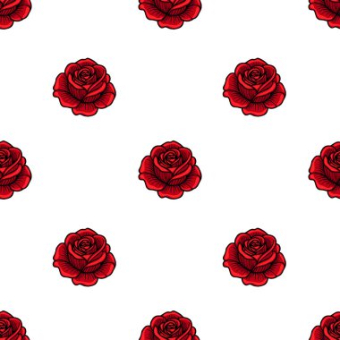 Beyaz arkaplandaki kırmızı güllerin kusursuz vektör deseni. Detaylı çiçek desenleri içeriyor. Güller, canlı ve neşe dolu bir estetik yaratmak için tek sıra halinde dizilir..