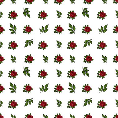 Beyaz arka planda kırmızı güller ve yeşil yapraklardan oluşan kusursuz bir vektör deseni. Tasarım canlı ve çiçeklidir. Tekstil ve duvar kağıtları için uygundur..
