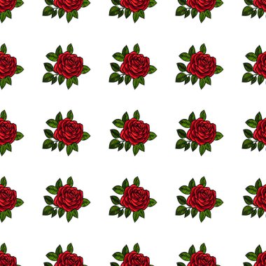 Beyaz arka planda yeşil yapraklı kırmızı güller içeren kusursuz bir vektör deseni. Tasarım canlı ve çiçeklidir, çeşitli dekoratif kullanım için uygundur..