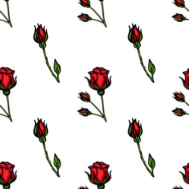 Beyaz arka planda kırmızı güller ve gül tomurcukları olan kusursuz bir vektör deseni. Tasarım, tomurcuklardan tomurcuklanan çiçeklere kadar, gülün çeşitli aşamalarını sergiliyor, canlı bir çiçek teması oluşturuyor..