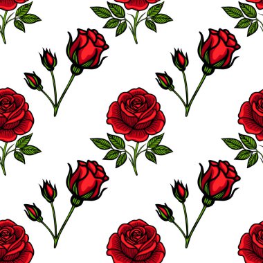Beyaz arka planda yeşil yapraklı canlı kırmızı güller ve gül goncalarından oluşan pürüzsüz bir vektör deseni. Tasarım cesur ve göz alıcı, tekstil ve duvar kağıtları için uygun..