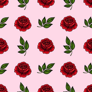 Pembe arka planda canlı kırmızı güller ve yeşil yapraklar içeren pürüzsüz bir vektör deseni. Tasarım eğlenceli ve çiçekli, tekstil, duvar kağıdı ya da kırtasiye için ideal..