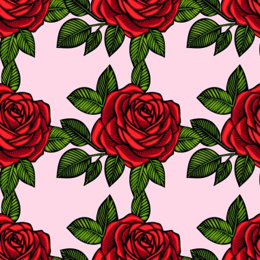 Pembe arka planda parlak kırmızı güller ve yeşil yapraklar içeren pürüzsüz bir vektör deseni. Tekstil, duvar kâğıtları veya romantik tasarımlar için ideal.