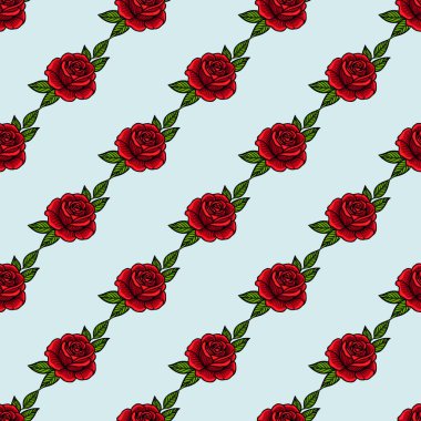 Açık mavi arka planda yeşil yapraklı canlı kırmızı güller içeren pürüzsüz bir vektör deseni. Tasarım zarif ve tekstil, duvar kağıtları veya dekoratif amaçlar için uygundur..