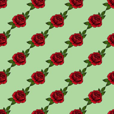 Açık yeşil arka planda yeşil yapraklı canlı kırmızı güller içeren pürüzsüz bir vektör deseni. Tasarım çiçek ve dekoratif, tekstil ve duvar kağıtları için uygun..
