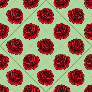 Açık yeşil arka planda kırmızı güller içeren kusursuz bir vektör deseni. Güller karmaşık bir şekilde detaylandırılmış, yapraklarını ve yapraklarını bir şebeke düzeni içinde sergiliyorlar..
